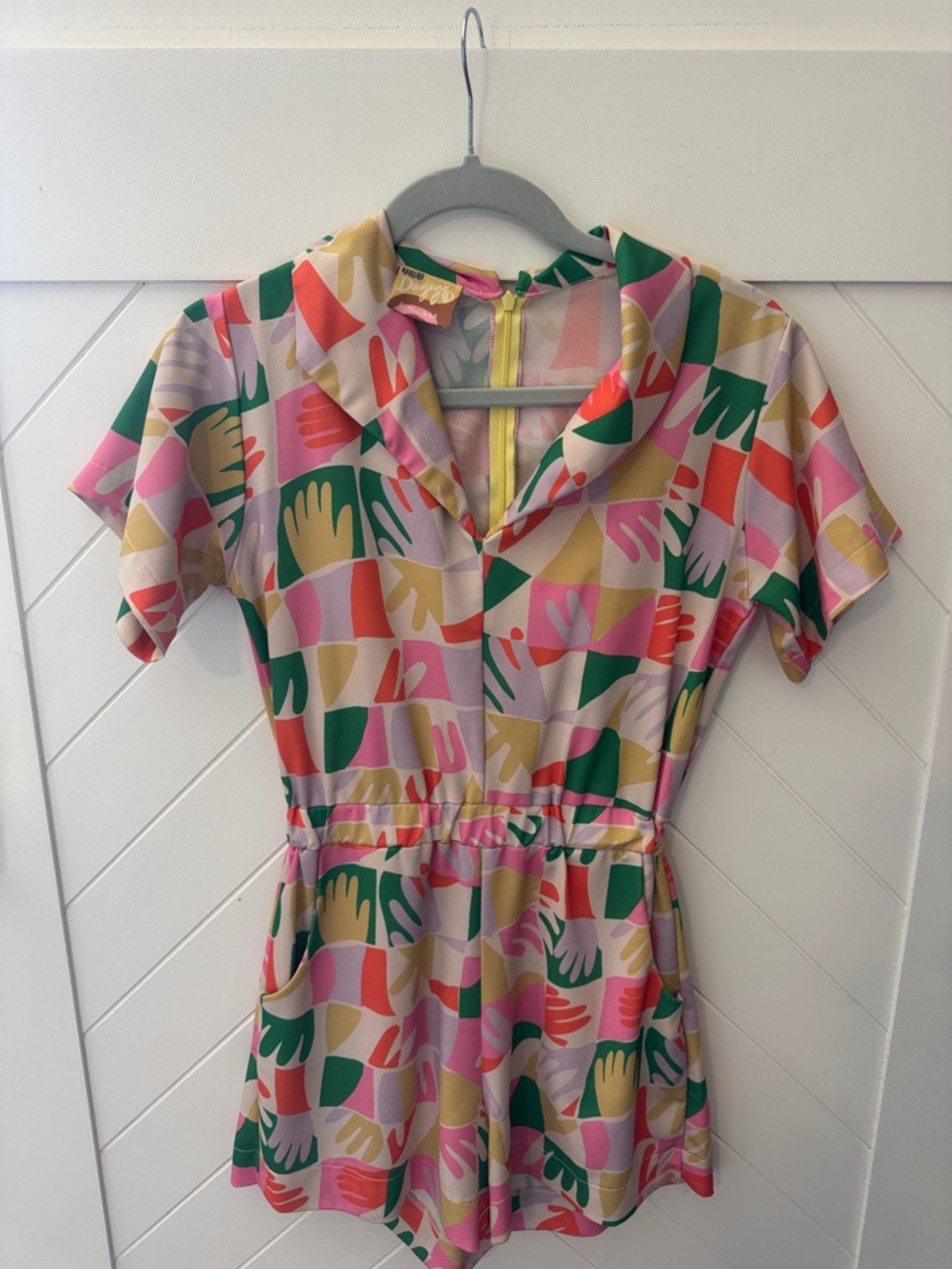 Dazey LA Multicolor Abstract Hand-Print Romper - Pink, Green, Yellow